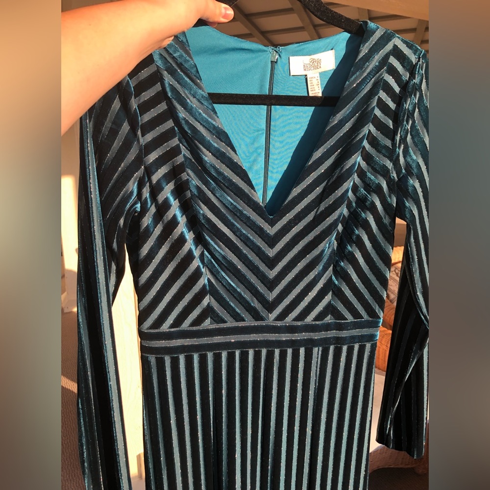 Dark blue and teal ribbed velvet maxi dress.